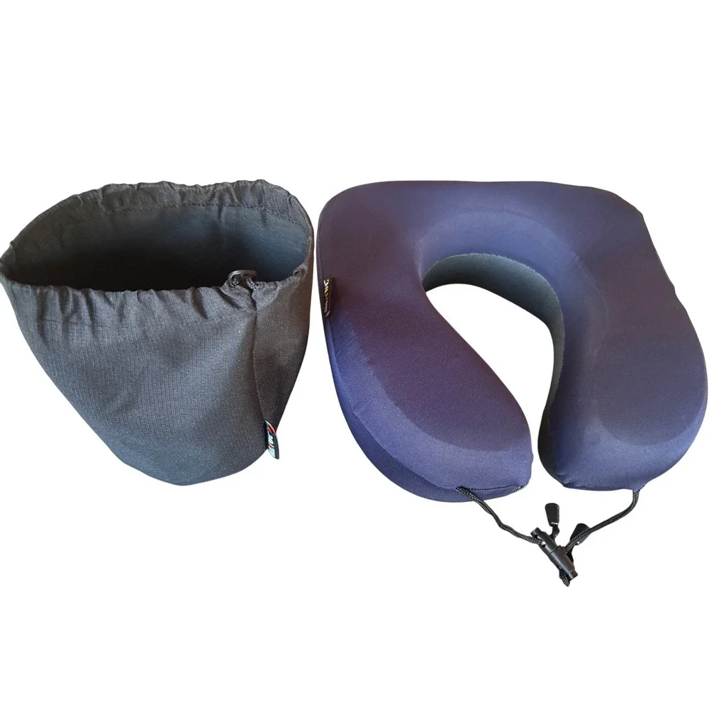 MLVOC Memory Foam Travel Neck Pillow Navy Blue‎ with Drawstring Storage Bag